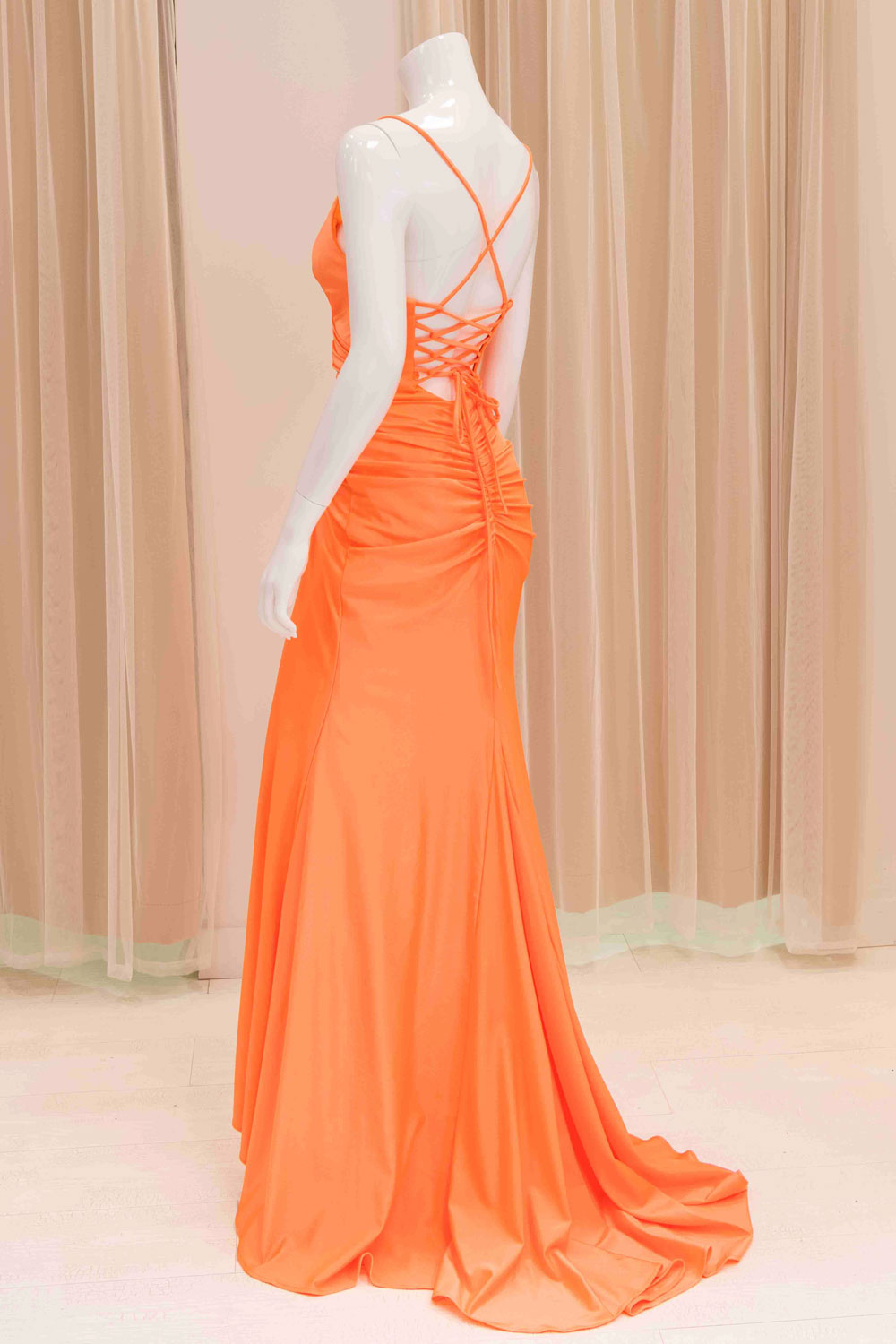 Jaida Satin Tie Back Evening Dress in Orange
