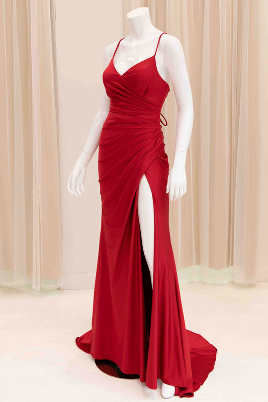 Jaida Satin Tie Back Evening Dress in Red