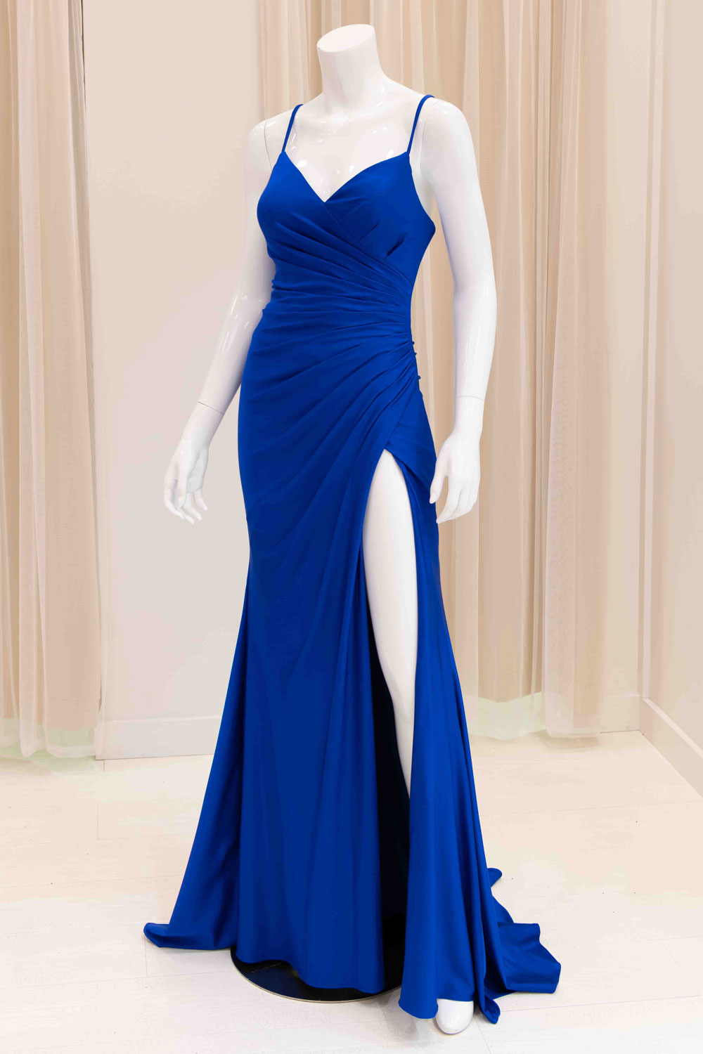 Jaida Satin Tie Back Evening Dress in Royal Blue