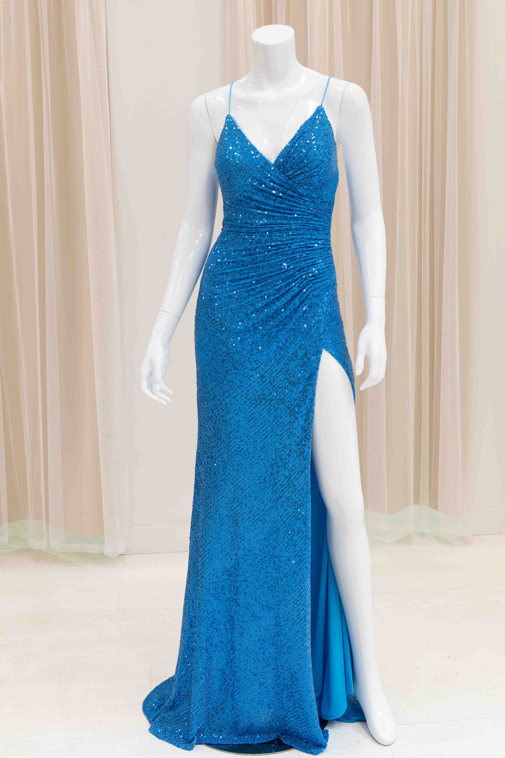 Jaida Sequin Tie Back Evening Dress in Aqua Blue