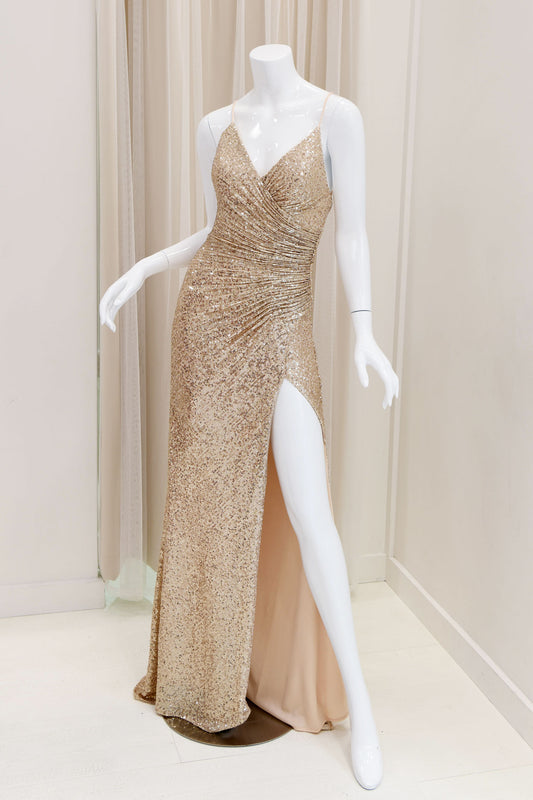 Jaida Sequin Tie Back Evening Dress in Gold