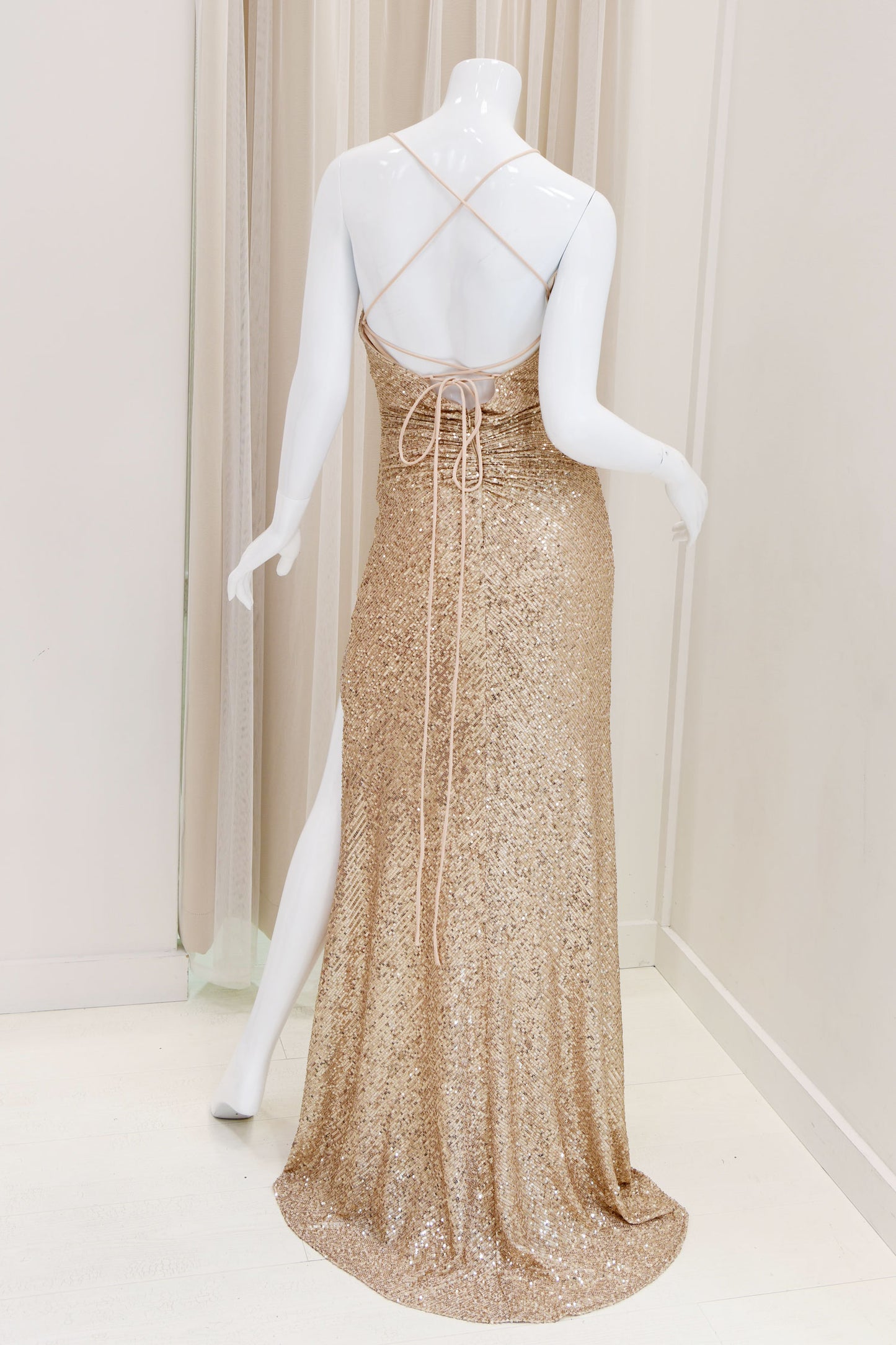 Jaida Sequin Tie Back Evening Dress in Gold