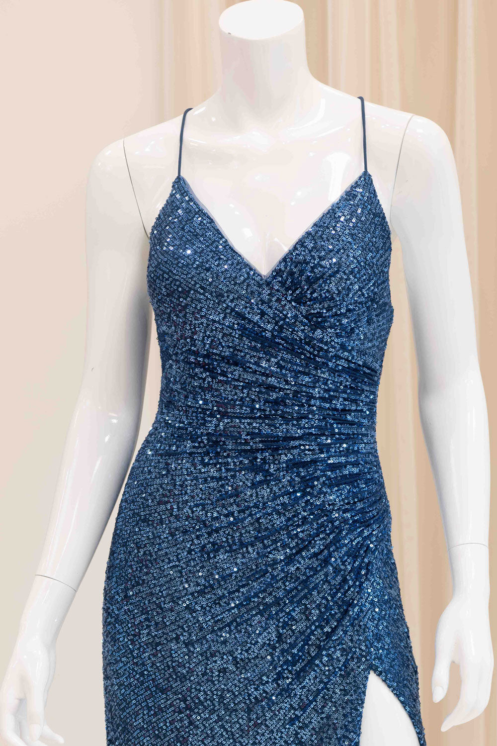 Jaida Sequin Tie Back Evening Dress in Slate Blue
