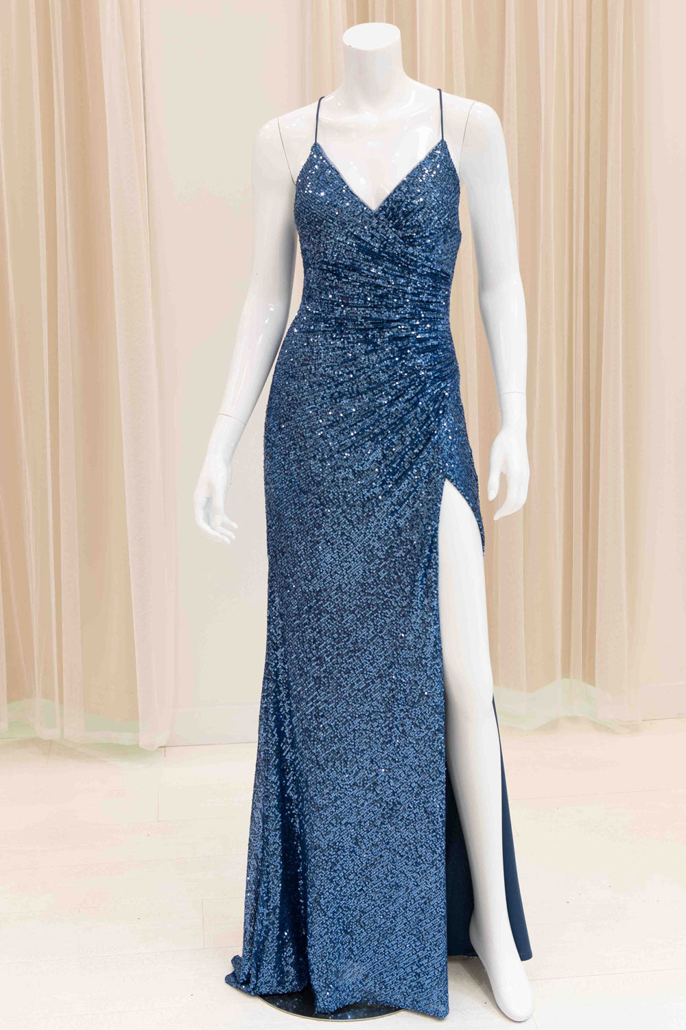 Jaida Sequin Tie Back Evening Dress in Slate Blue