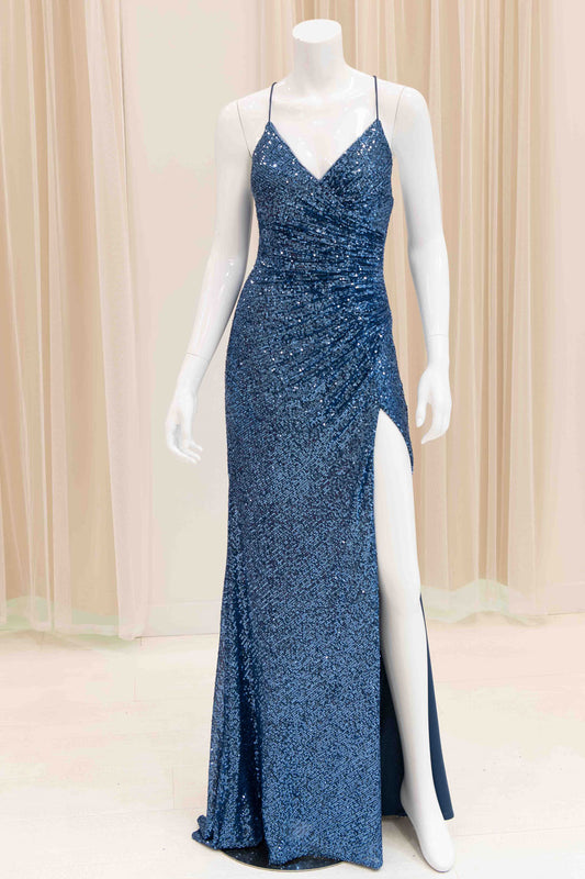 Jaida Sequin Tie Back Evening Dress in Slate Blue