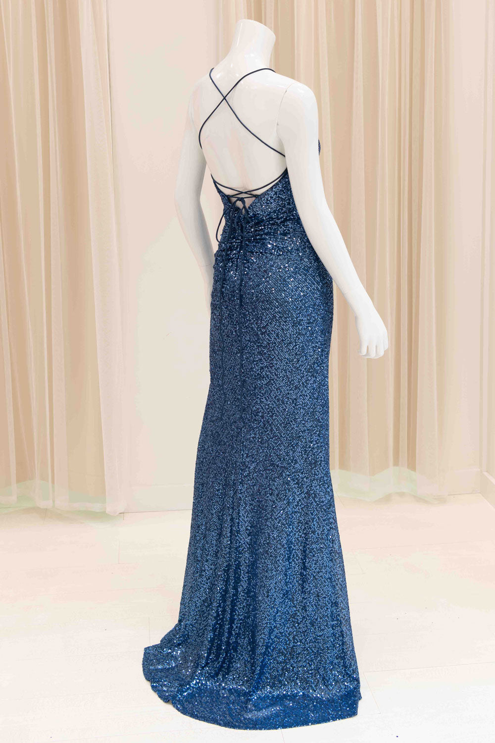 Jaida Sequin Tie Back Evening Dress in Slate Blue