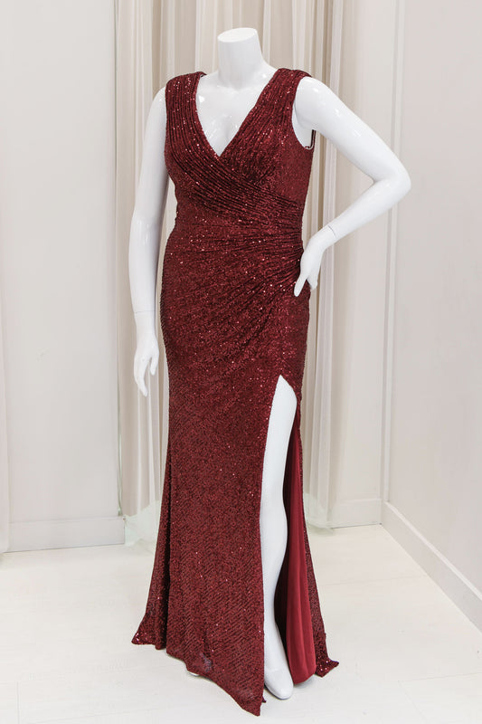 Janice Sequin Evening Dress in Burgundy