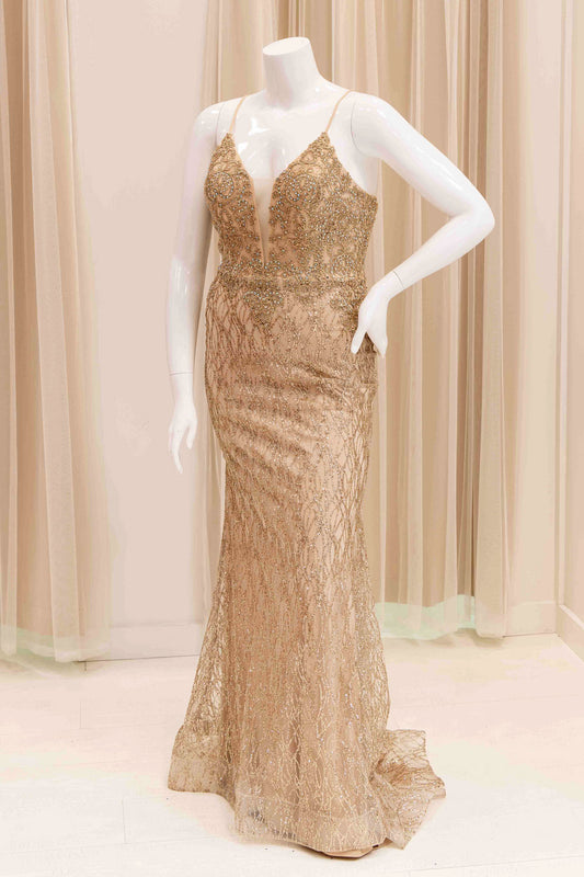 Jannah Glitter Mermaid Evening Gown in Gold