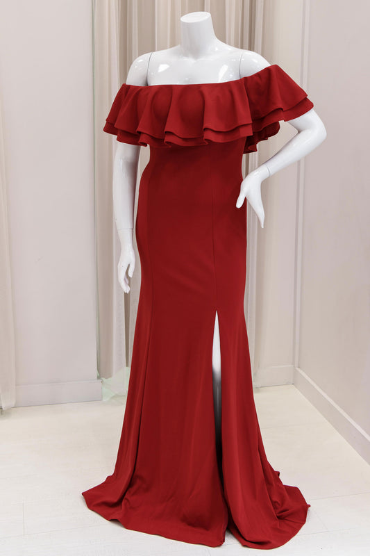 Jaqueline Double Ruffle Evening Dress in Red