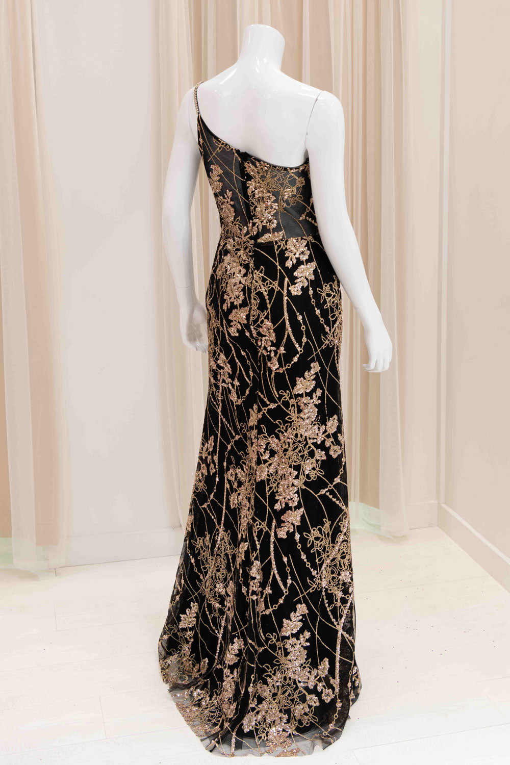 One Shoulder Glitter Evening Gown in Black and Gold