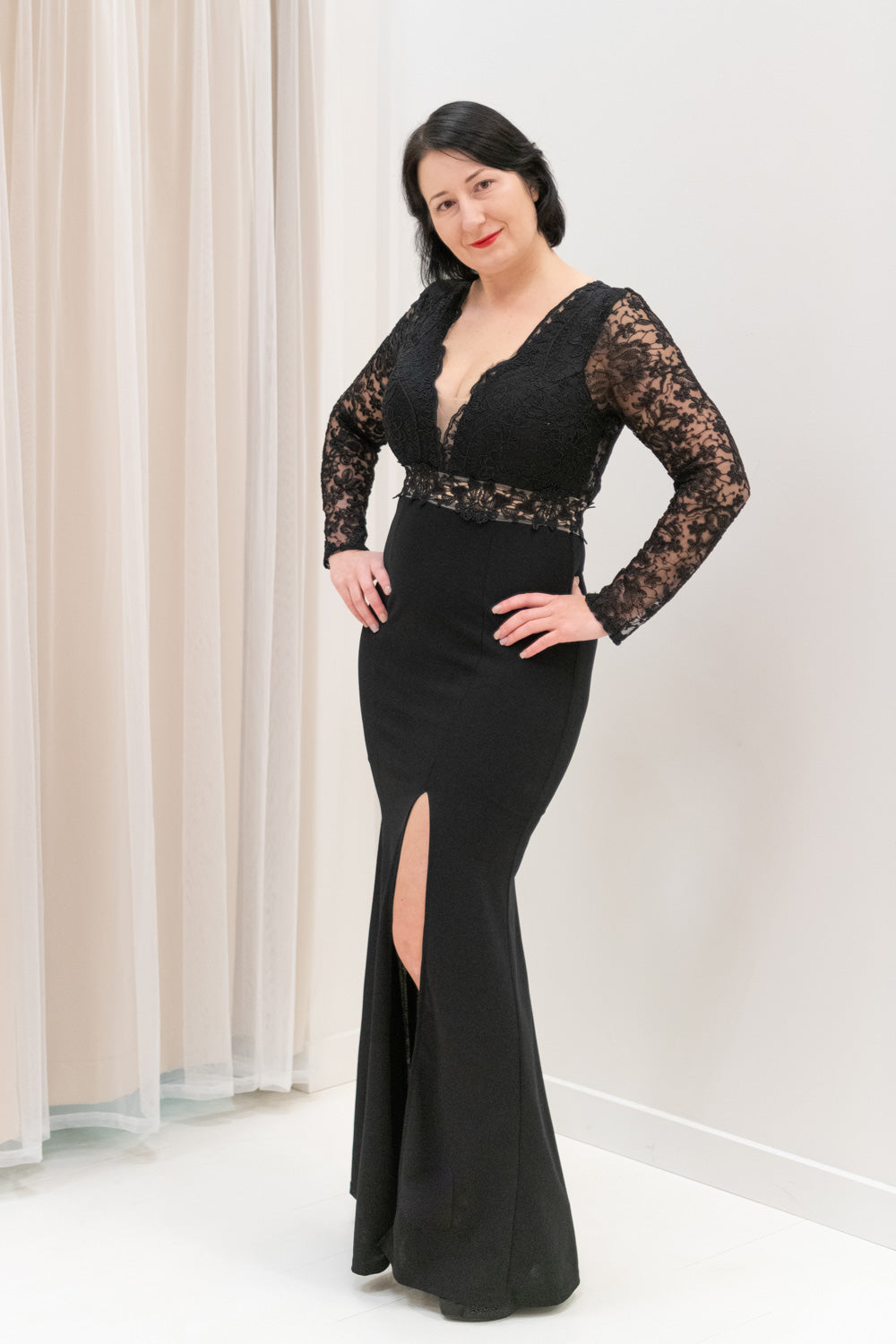 Lace-Bodice-Open-Back-Long-Sleeve-Black-and-Nude-Evening-Dress