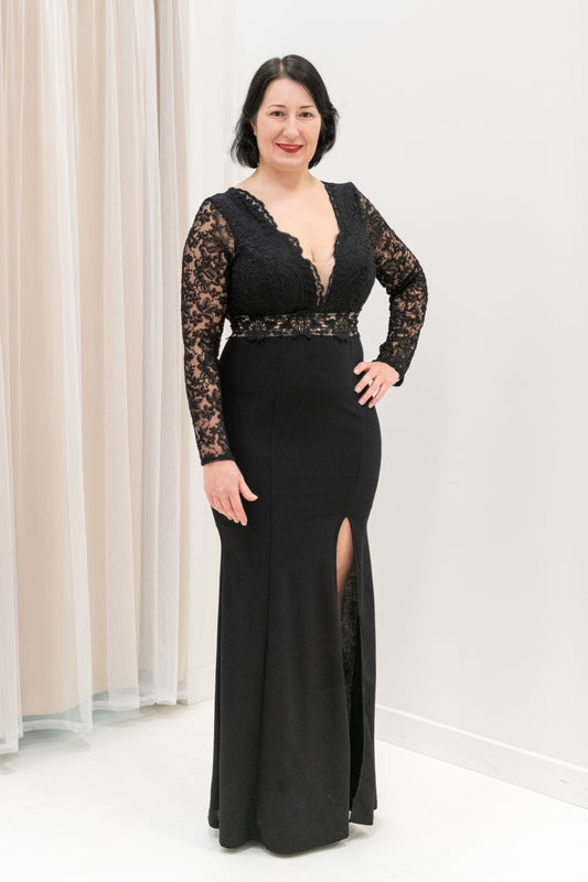 Lace-Bodice-Open-Back-Long-Sleeve-Black-Evening-Gown