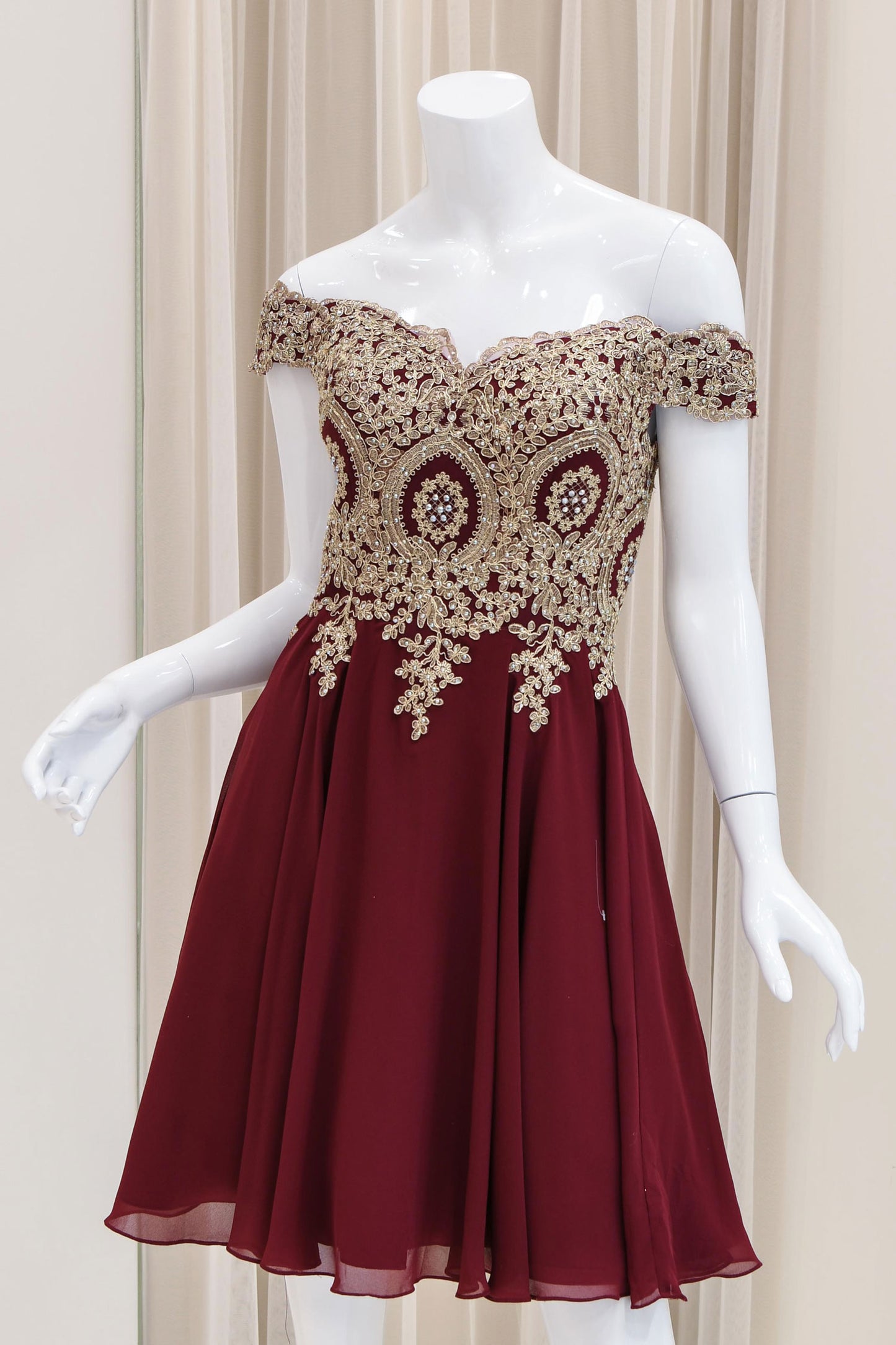 Micaela Off Shoulder Fit and Flare Dress in Burgundy