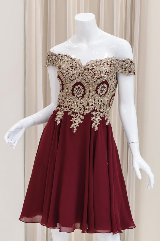 Micaela Off Shoulder Fit and Flare Dress in Burgundy