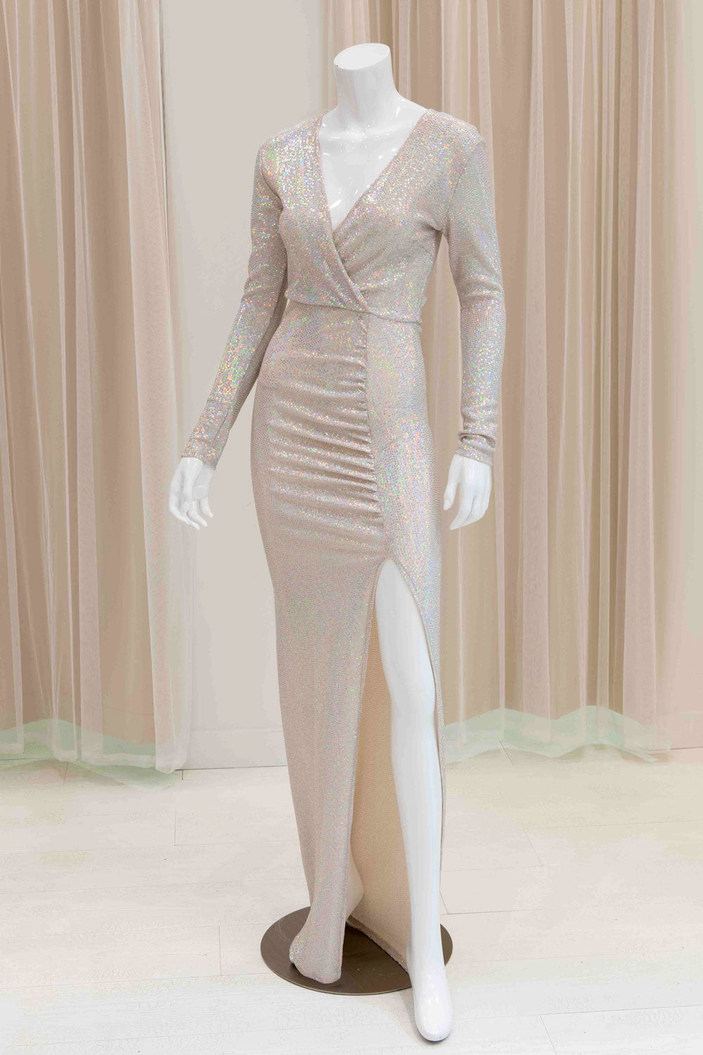 Nayomi Long Sleeve Evening Gown in Iridescent White