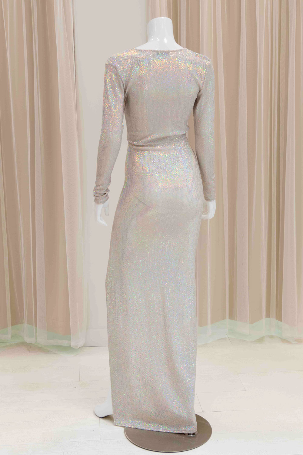Nayomi Long Sleeve Evening Gown in Iridescent White