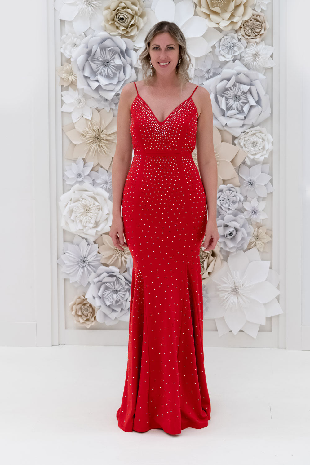 Teghan Studded Evening Dress in Red