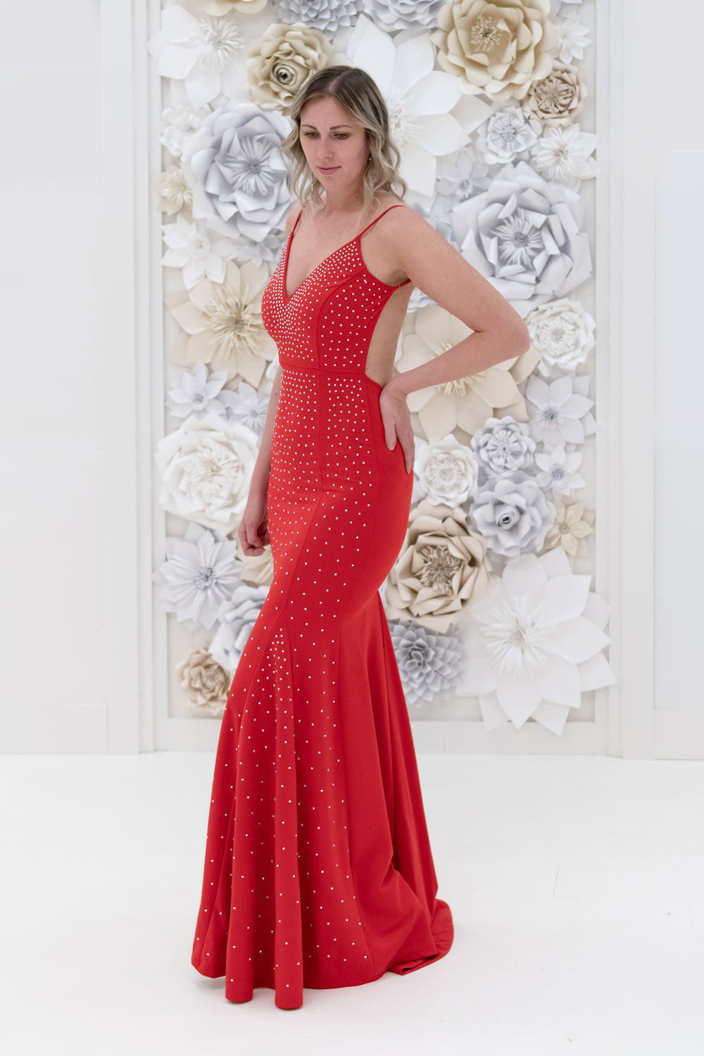 Teghan Studded Evening Dress in Red