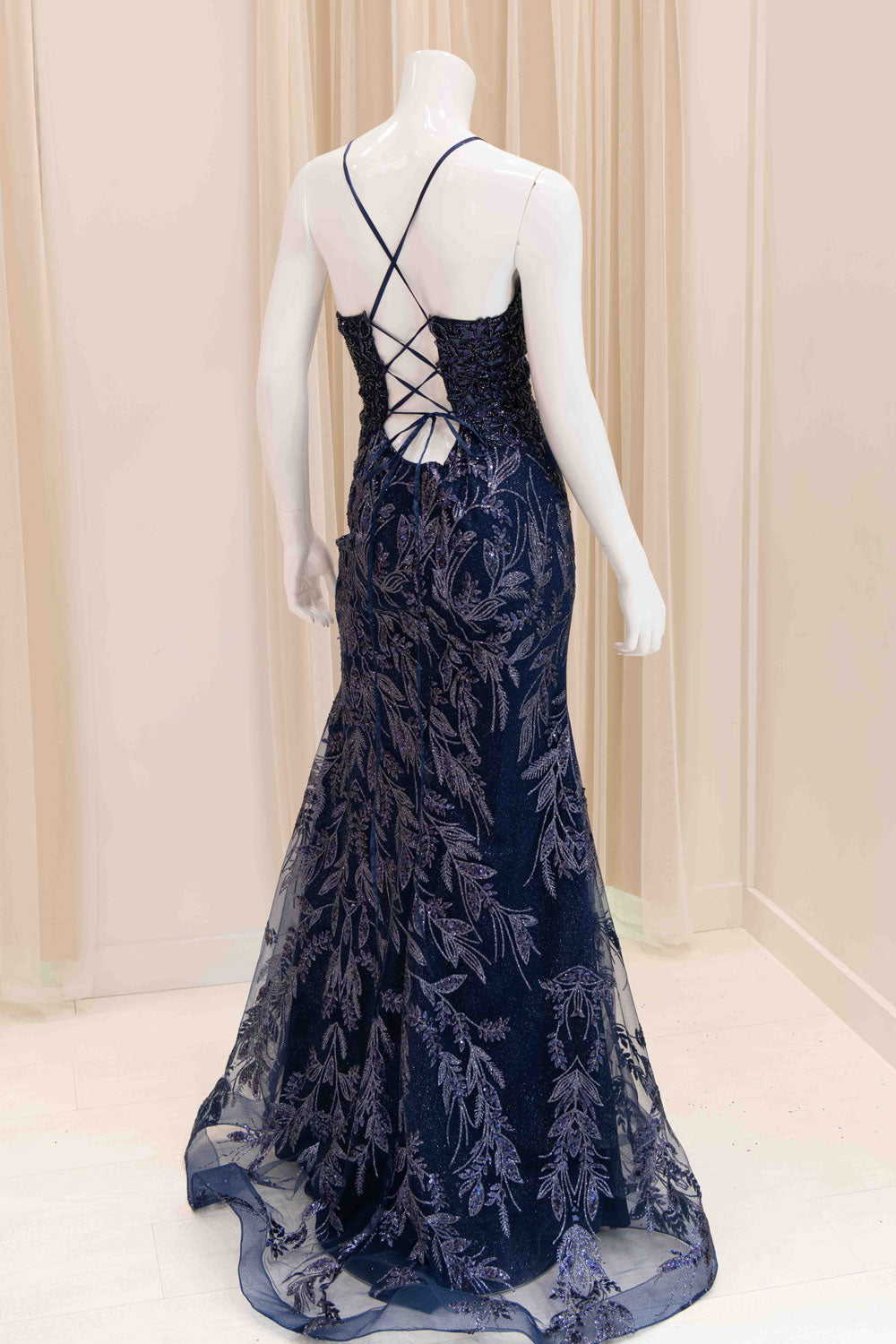 Tenille Beaded Bodice Evening Gown in Navy Blue