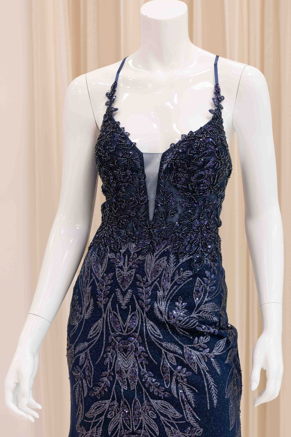 Tenille Beaded Bodice Evening Gown in Navy Blue