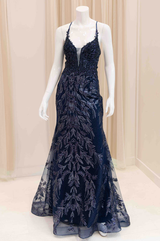 Tenille Beaded Bodice Evening Gown in Navy Blue