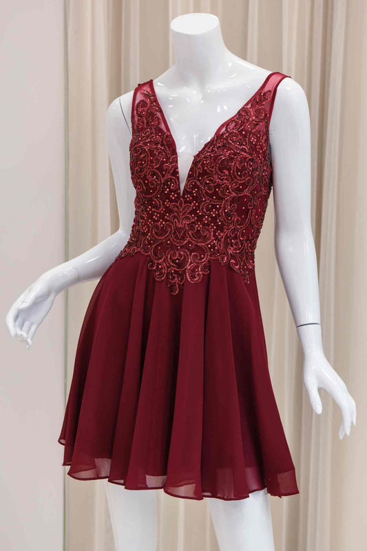 Vera Sequin Bodice Fit and Flare Dress in Burgundy