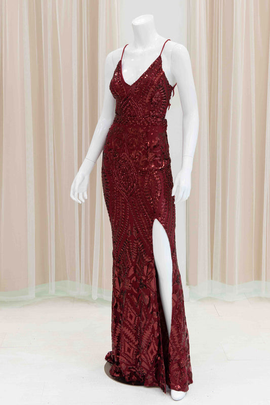 Eleni Sequin Evening Gown in Burgundy